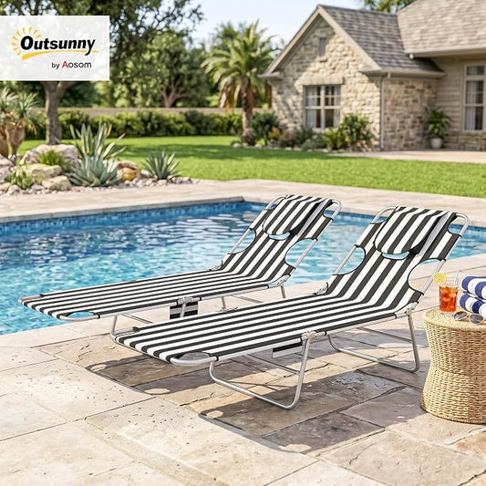 Outsunny Chaise Lounge Chairs Set of 2 Outdoor with Face Arm Hole, 5-Position Reclining Face Down Tanning Chairs with Carry Strap, Side Pocket, Portable Folding Bed Cot for Patio Pool, Black Stripe
