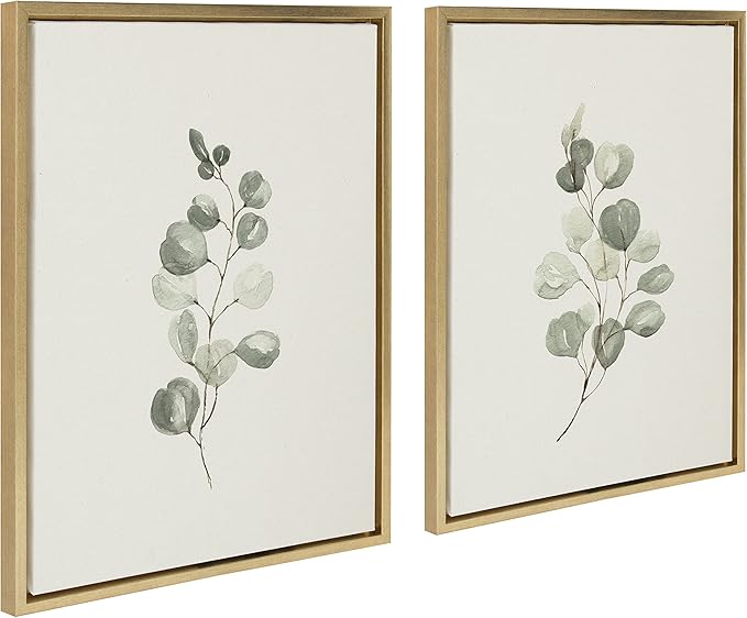 Kate and Laurel Sylvie Eucalyptus 4a & Eucalyptus 4b Framed Canvas Wall Art Set by Maja Mitrovic of Makes My Day Happy; 2 Piece 18x24 Gold; Chic Greenery Wall Décor