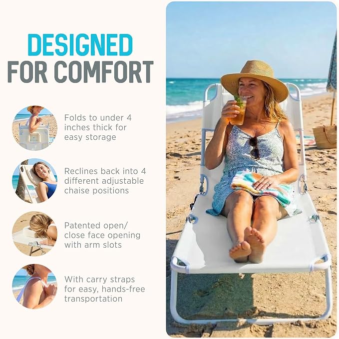 Ostrich 72 by 22 Inch Versatile Chaise Lounge Portable Reclining Lounger, Outdoor Patio, Beach, Lawn, Camping, or Pool Tanning Chair, White