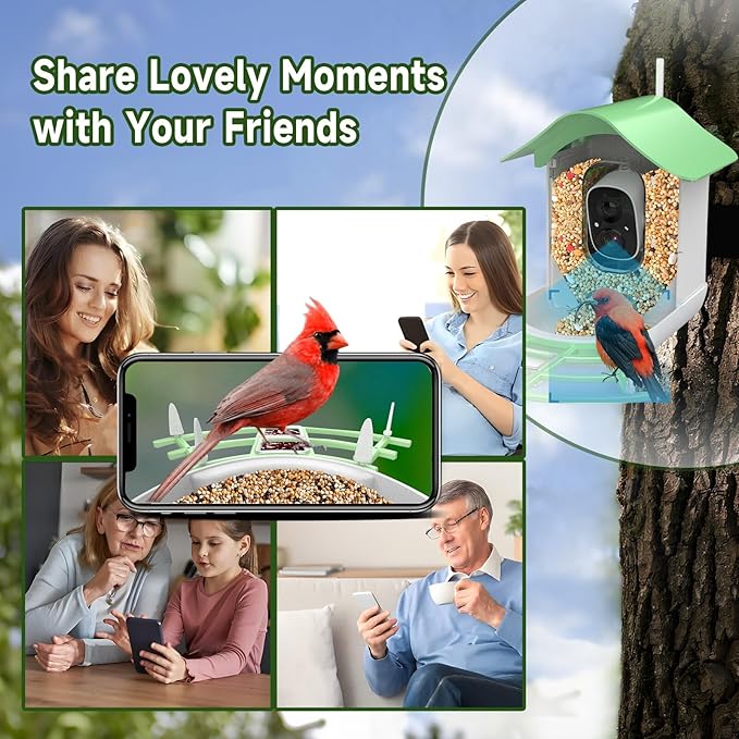 Smart Bird Feeder with Camera Solar Powered,AI Identify Species,2K HD Video Auto Capture Live for Outdoor Backyard,Ideal Gift for Family Bird Lovers (Green)