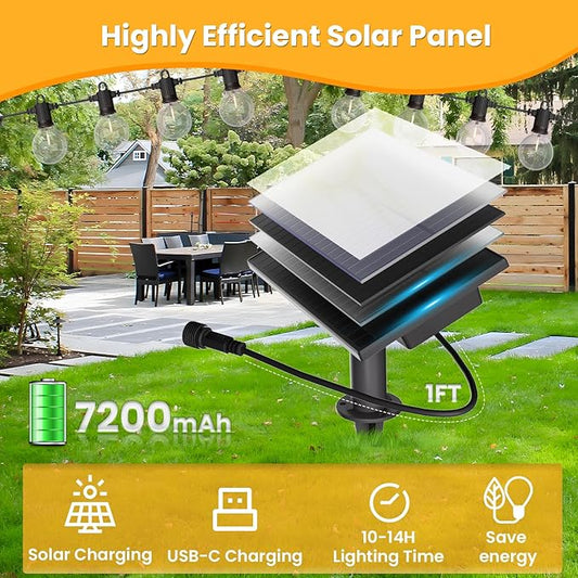 ZOTOYI Solar String Lights Outdoor Waterproof IP65 100FT with USB Port and 50+2 Shatterproof G40 Bulbs, Up to 8-12 Hours for Using, LED Solar Powered Patio Lights for Outside, Patio, Porch, 2200K