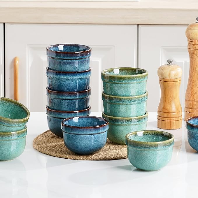 Henten Home 6 oz Ramekins Set Oven Safe, Ceramic Creme Brulee Ramekins Set of 4, Baking Cups for Pudding, Souffle, Ice Cream, Snack, Dipping (Green)