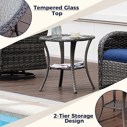 Luxury 3-Piece PE Wicker Swivel Rocking Patio Chair Set with Preminum Cushions & Ripple Glass Table, All-Weather Outdoor Bistro Set for Modern Deck or Balcony