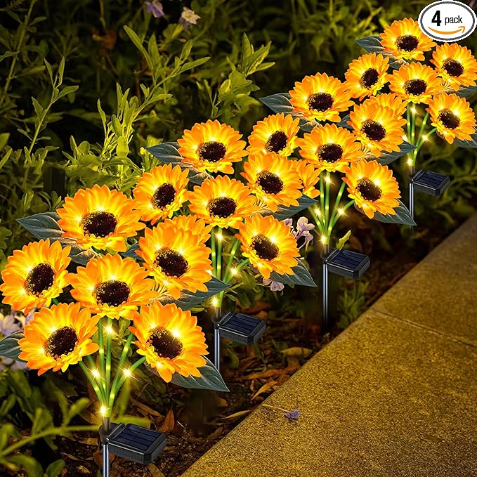 Solar Sunflower Lights Outdoor Flower Garden Stake Lights,4 Pack 24 Sunflower Waterproof Lights for Outside Party Gardening Gifts Mother's Day for Patio Yard Pathway Party Housewarming Gift