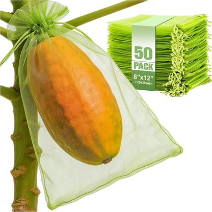 50 Pcs Drawstring Fruit Protection Bags, 8×12 Inch Green Mesh Fruit Net Covers, Anti-Bird Anti-Insect Garden Protective Bags for Fruit Tree, Tomato, Strawberry, Apple, Cherry, Grapes and Vegetables