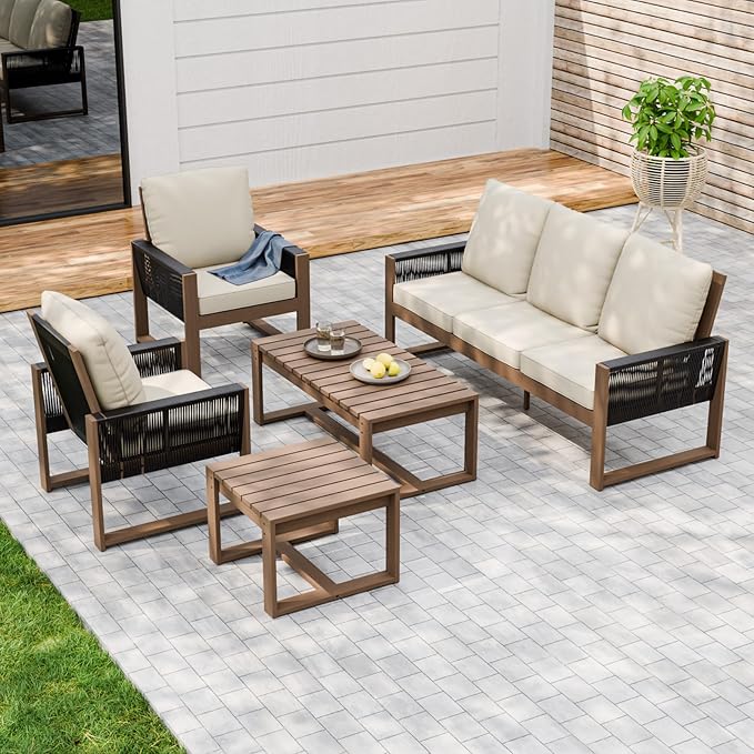 Rustic Hideaway Natural Cedar Wood Outdoor Furniture Set, Wicker Patio Conversation Set for Porch Garden Backyard, Couch, Patio Chairs, Tables, 5 Piece, Brownish/Beige
