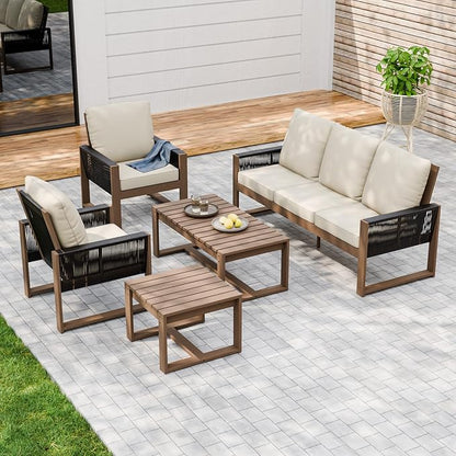 Rustic Hideaway Natural Cedar Wood Outdoor Furniture Set, Wicker Patio Conversation Set for Porch Garden Backyard, Couch, Patio Chairs, Tables, 5 Piece, Brownish/Beige