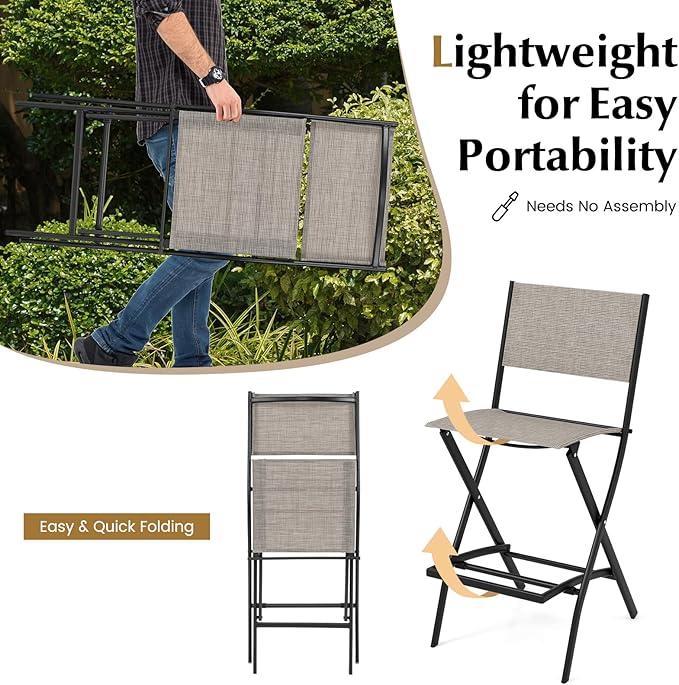 COSTWAY Outdoor Patio Bar Chair Set of 6, Folding Bar Height Stool with Metal Frame & Footrest, Patio Bar Stool for Balcony, Garden & Poolside (6, Coffee)