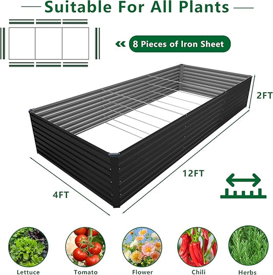 DIIYIV Galvanized Raised Garden Bed Kit Outdoor Patio,12x4x2ft Large Rectangular Metal Planter Boxes,Deep Root Box Planter for Gardening,Vegetables,Flowers,Herbs-Black