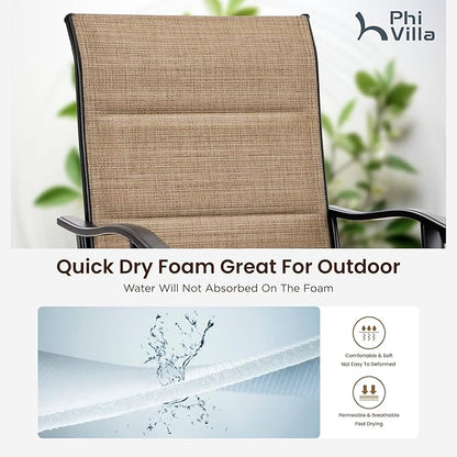 PHI VILLA 5 Piece Outdoor Bar Set, High Top Patio Dining Table and Chairs with 4 Swivel Padded Bar Stools (Brown) & Wood-Like Steel Bar Table for Deck, Garden, Poolside and Porch