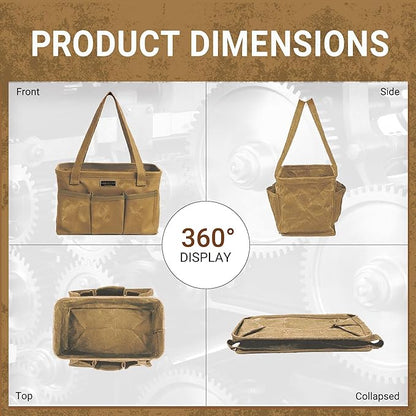 Durable 16OZ Waxed Canvas Tool Bag with Metal Frame, 13.5 Inch Large Collapsible Storage Tool Tote(Khaki | 13.5 X 7.8 X 7.8in)