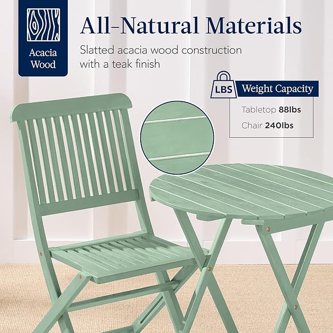 Best Choice Products 3-Piece Acacia Wood Bistro Set, Folding Patio Furniture for Backyard, Balcony, Deck w/ 2 Chairs, Round Coffee Table, Teak Finish - Mint