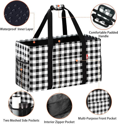 Extra Large Utility Tote Bag, Foldable Reusable Grocery Bags with Metal Wire Frame & Reinforced Bottom Board, Stand up Large Utility Tote for Groceries, Beach Bag, Laundry, Car (Cube Plaid)