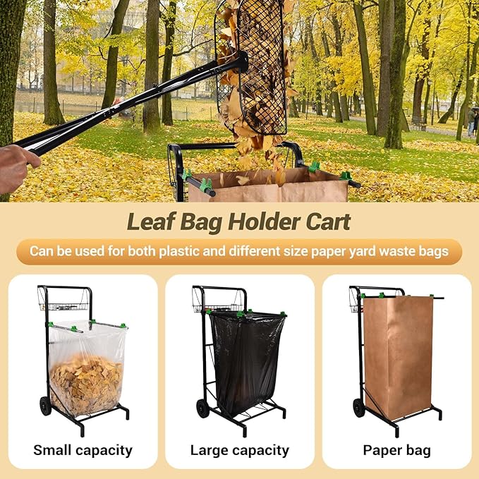 CAROD Leaves Grabber Rake with Leaf Bag Cart Combo, Lightweight Metal Leaf Grabber with Long Handle, Convenient Trash Bag Cart Holds 30-45 Gallon Trash Bags for Leaves Weeding Camping Party