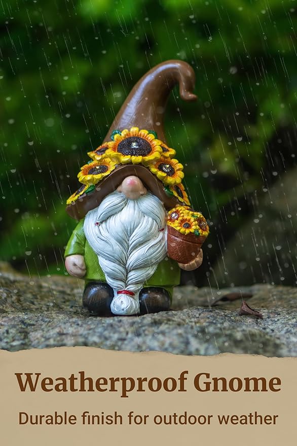 Solar Garden Gnome Statue, 7.67 Inch Resin Gnome Outdoor Decor for Yard, Backyard, Patio, Porch, Lawn; Garden Decor, Gnome Gifts, Birthday Gifts for Grandma Mom Women