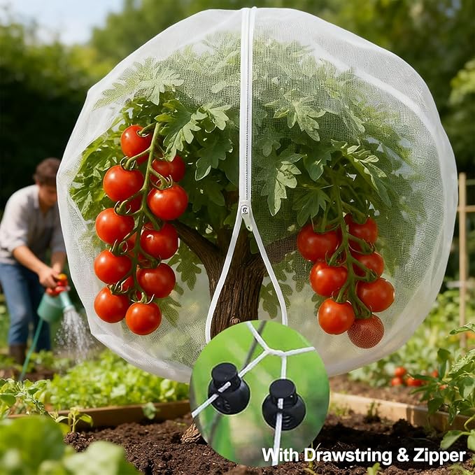 Garden Mesh Netting with Drawstring & Zipper,4PACK 2.3Ft x3.3 FT Mesh Netting Pest Barrier Protection Bird Mosquito Net Plants Cover for Patio Vegetable Plants Fruit Tree