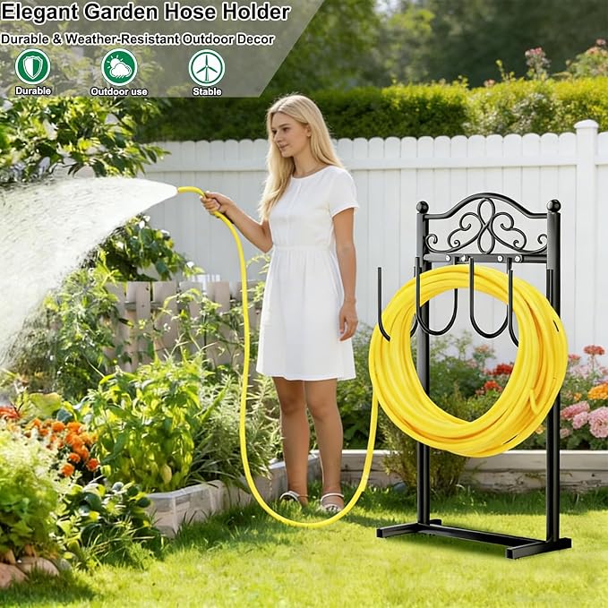 2 Pack Upgraded Garden Hose Holder - Heavy Duty Freestanding Metal Hose Holder with 4 Stabilizing Spikes, Sturdy Hose Hanger up to 100ft Hose for Yard, Lawn & Outdoor Garden (Black)