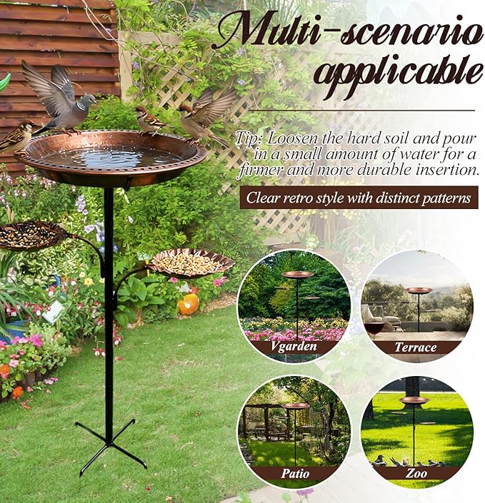 Metal Bird Bath for Outdoors,12 Inch Bath Bowl with 2 Bird Feeders,All Metal Rustproof Standing Birdbaths for Garden Yard Lawn Patio Outdoor Decor,Upgraded 5-Pronged Base (Antique Bronze)