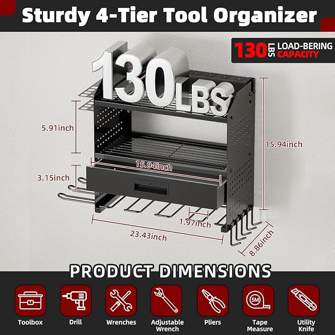 Power Tool Organizer Wall Mount Heavy Duty 130 lbs, 4 Layers Storage Rack with 6 Drill Holders & Battery Storage, Cordless Tool Organizer for Garage, Workshop & Tool Room