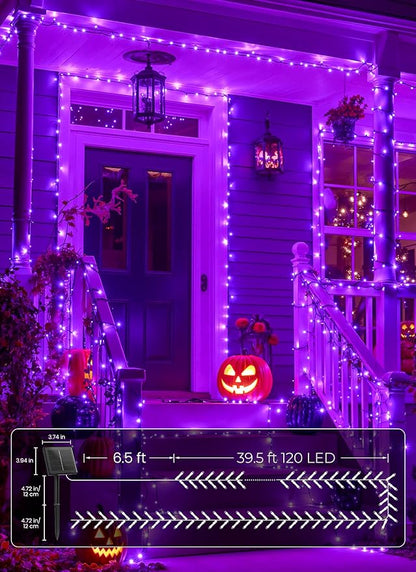 Brightown 4 Pack Halloween Solar String Lights, Total 184FT 480 LED Solar Lights Outdoor Waterproof Black Wire with 8 Modes, Solar Fairy Light for Garden Yard Patio Party Decors, Purple