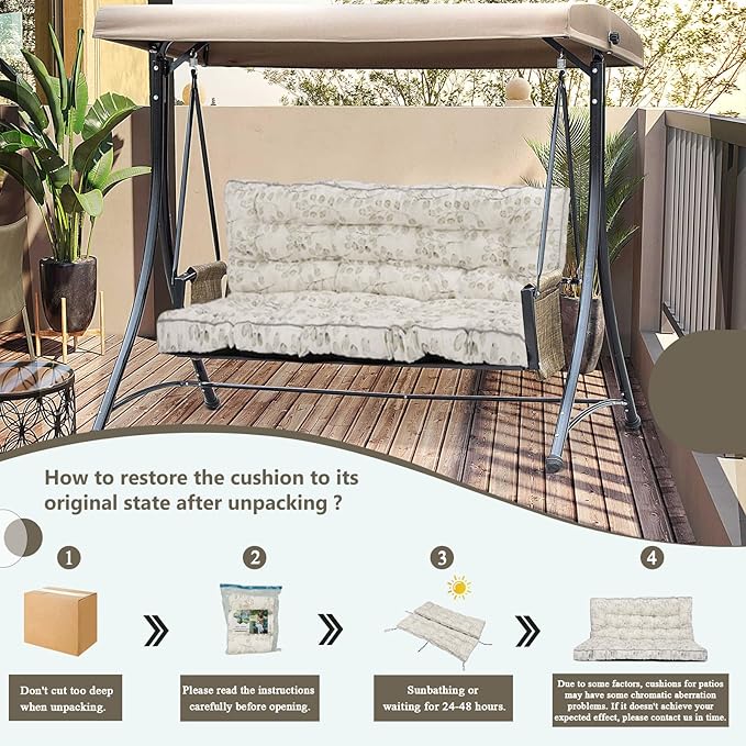 2/3 Seater Swing Replacement Cushion, Waterproof Porch Swing Cushions with Backrest, Thickened Bench Cushions for Outdoor Furniture, for Outdoor Patio Swing (White Leaves, 63 * 40in)