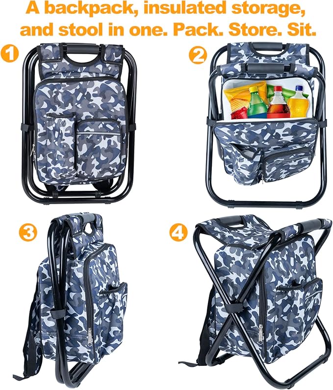 Kikerike Backpack Stool Cooler Chair Heavy Duty 300 LBS Max Load Portable Lightweight Stool Backpack Folding Fishing Cooler Seat for Camping Hunting Fishing - Arctic Camo