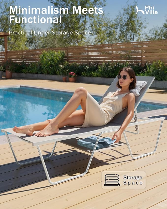 PHI VILLA 78“ Oversized Outdoor Chaise Lounge Chair, Foldable & Assemble Patio Lounge Chair with 5 Adjustable Backrest for Outside Poolside Beach Pool, Beige