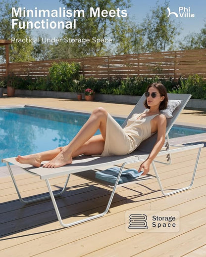PHI VILLA 78“ Oversized Outdoor Chaise Lounge Chair, Foldable & Assemble Patio Lounge Chair with 5 Adjustable Backrest for Outside Poolside Beach Pool, Beige