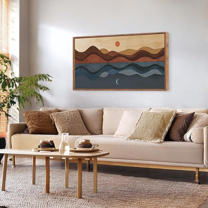 CHDITB Framed Canvas Wall Art for Bedroom, Sun and Moon Long Horizontal Wall Decor, Mid Century Modern Painting, Vintage Abstract Wave Line Poster, Mountain Sea Artwork for Living Room Office 40”X20”
