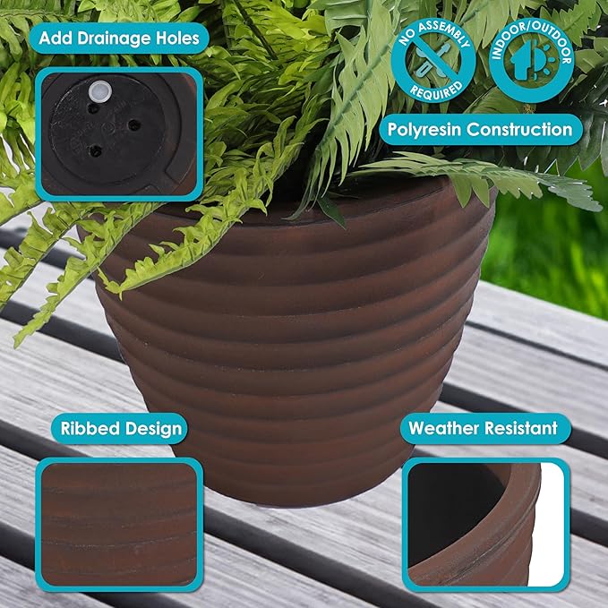 Sunnydaze Ribbed 13" Outdoor Plant Pot - Polyresin Double-Walled Planter for Indoor or Outdoor Use - Rust - Set of 2