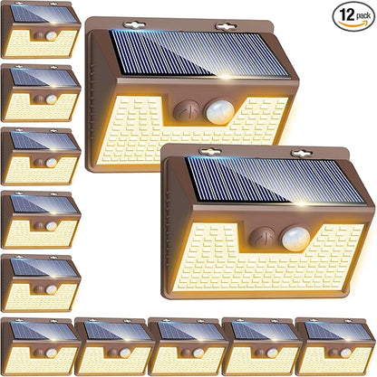 Peasur Solar Lights Outdoor Motion Sensor, 12Pack 140LED Waterproof Solar Powered Fence Lights, 3 Modes Solar Security Wall Lights for Garden Yard Outside(Brown Warm White)