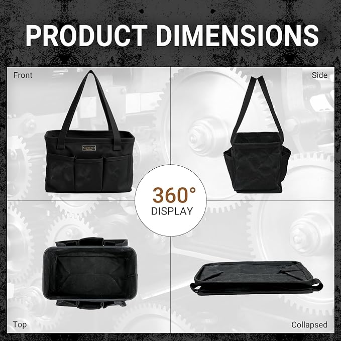 Tool Pouch, Heavy Duty 16oz Waxed Canvas Tool Bag, Rectangle Foldable Open Top Tool Bags with Handles, 7 Pockets | 13.5 x 7.8 x 7.8 Inches