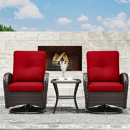 Joyside Outdoor Swivel Rocker Chairs, 3 Piece Wicker Patio Set with Thick Cushion and Side Table, Rattan Patio Swivel Rocking Chairs for Porch, Deck Use (Brown/Red, 3 PCS)