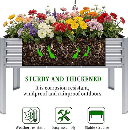 Galvanized Raised Garden Bed with Legs, 48×24×32in Large Metal Elevated Raised Planter Box with Drainage Holes for Backyard, Patio, Balcony, 400lb Capacity,Sliver