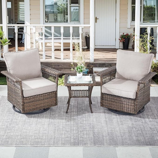 Patio Furniture Set 2 Wicker Swivel Glider Chairs with PE Rattan Side Table Set Brown Wicker Beige Cushions Patio Conversation Set 3pcs for Garden Balcony Sunroom Backyard Poolside