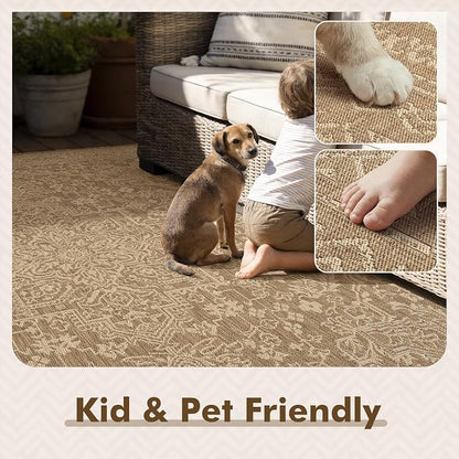 MontVoo-Outdoor Rug-Patio Rug 6x9 ft Polypropylene Indoor Outdoor Rugs Carpet for Patio Deck Balcony Porch, Textured Weave, Durable for High Traffic, Fade-Resistant, Vintage Medallion Neutral Brown