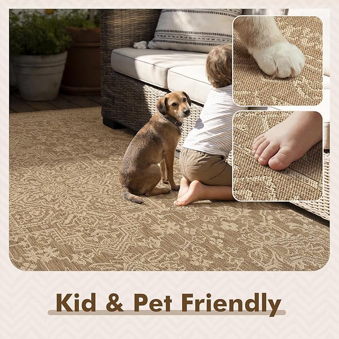 MontVoo-Outdoor Rug-Patio Rug 8x10 Polypropylene Indoor Outdoor Rugs Carpet for Patio Deck Balcony Porch, Textured Weave, Durable for High Traffic, Fade-Resistant, Vintage Medallion Neutral Brown