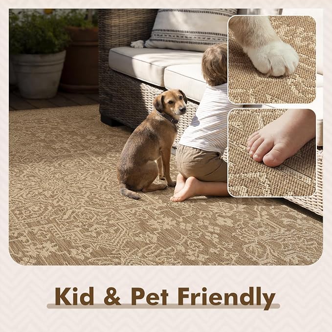 MontVoo-2x8 ft Indoor Outdoor Runner Rugs for Entryway Porch Hallway Kitchen Door Entrance Long, Textured Weave Polypropylene, Durable for High Traffic, Fade-Resistant, Vintage Medallion Neutral Brown