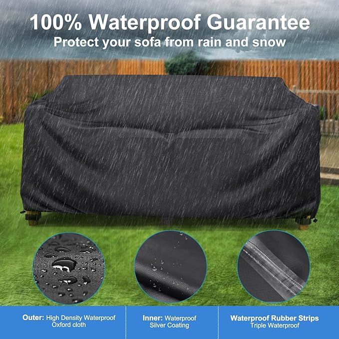 Mrrihand Heavy Duty Patio Sofa Cover Waterproof, 3-Seater Outdoor Sofa Loveseat Cover, Outdoor Patio Furniture Cover with Air Vent and Handles, 78" W×42" D×32" H, Black