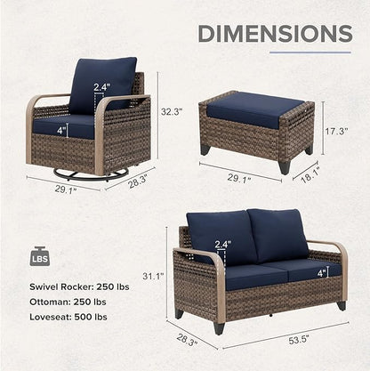 COOS BAY Modern Wicker Outdoor Furniture Set, Patio Conversation Set with Swivel Rockers, 2 Seat Loveseat, and Ottomans, 5 Piece, Brown/Blue