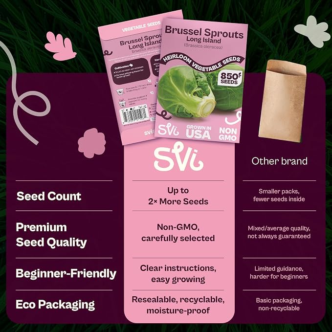 SVI 850 Long Island Brussels Sprouts Seeds (Brassica Oleracea) – Brussel Sprouts Seed Packets, Heirloom Brussel Sprout – Cold Hardy Vegetable Seeds Home Garden, Outdoor Beds, Containers
