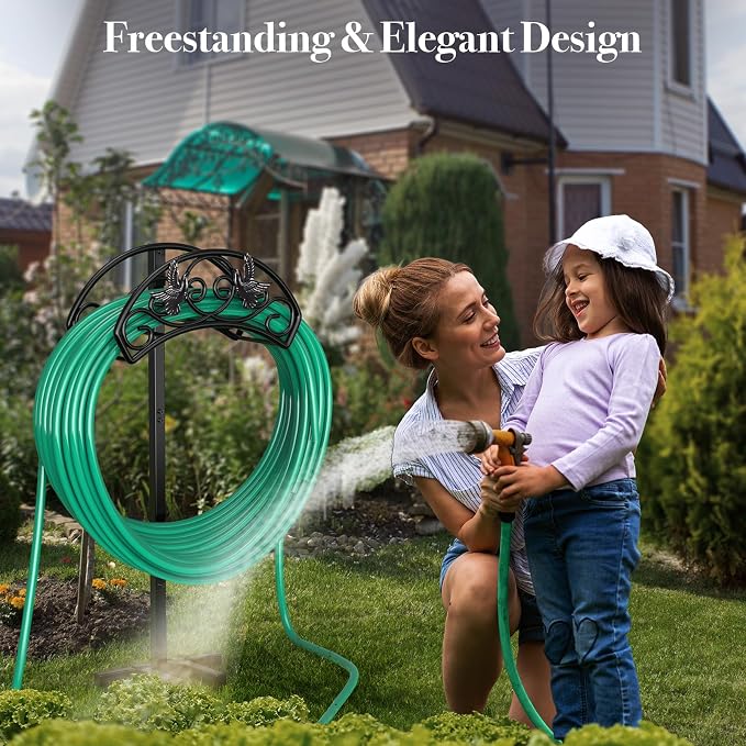 Winpull Garden Hose Holder Detachable, Heavy Duty Metal Water Hose Hanger Freestanding Hose Organizer Hose Holders for Outside (Black)