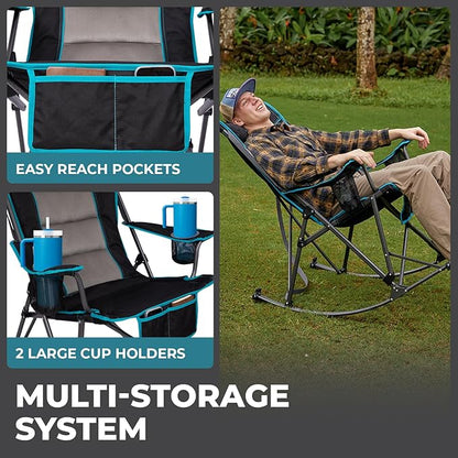 FUNDANGO Oversized Rocking Camping Chair for Adults, 2 Pack High Back Padded Folding Lawn Chairs with Pillows, Wide Armrest, 2 Cup Holders, Carry Bag for Patio Garden Outdoor Supports 440Lbs