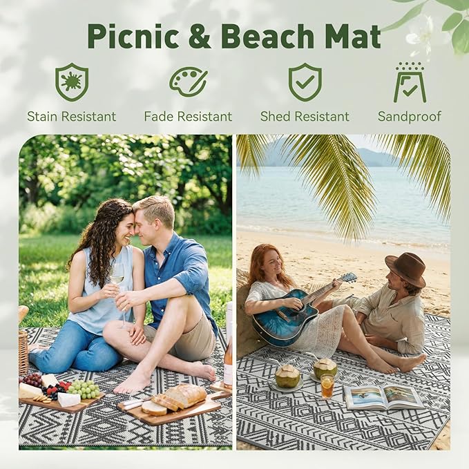MontVoo-Outdoor Rug Waterproof 6x9 ft Outdoor Carpet Patio Rug Mat Reversible RV Camping Rug-Plastic Straw Rug Outside Outdoor Area Rug for Patio Deck Balcony Backyard Picnic Beach -Boho Grey