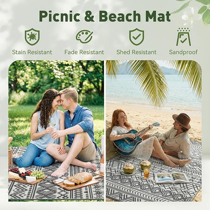 MontVoo-Outdoor Rug Waterproof 6x9 ft Outdoor Carpet Patio Rug Mat Reversible RV Camping Rug-Plastic Straw Rug Outside Outdoor Area Rug for Patio Deck Balcony Backyard Picnic Beach -Boho Grey