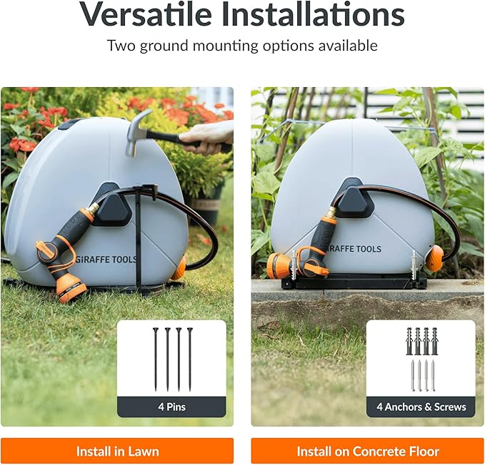 Giraffe Tools Heavy Duty Retractable Hose Reel, 130FT 1/2 Inch Automatic Rewind Garden Hose Reel with Flexible Swivel Base, Ground Mount for Lawn, Patio, and Concrete Floor
