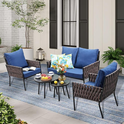 Patio Furniture Set, 5-Piece Wider Outdoor Metal Seating Sofa with High Back & Lovsest, Coffee Ta ble, All Weather Rattan Conversation for Garden,Backyard, Poolside-Navy