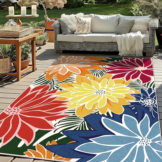 ZonLi Colorful Outdoor Rug 5x8Ft Waterproof Multicolored Indoor Area Rug Washable Outdoor Patio Rugs Tropical Floral Non Slip Outdoor Carpet for Living Room, Pool,Backyard,Deck,Camping