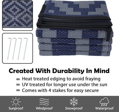 SAND MINE Reversible Mats, Plastic Straw Rug, Modern Area Rug, Large Floor Mat and Rug for Outdoors, RV, Patio, Backyard, Deck, Picnic, Beach, Trailer, Camping (6' x 9', Blue Grey Lattice)