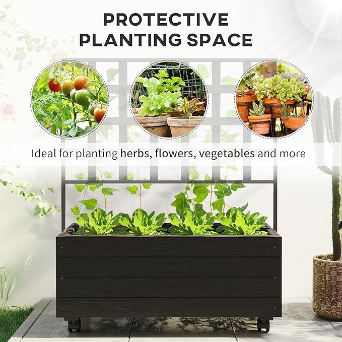 Outsunny Raised Garden Bed with Trellis and Wheels, Outdoor Wooden Elevated Planter Box, Freestanding Raised Flower Bed for Climbing Plants, Flowers, Herbs and Vegetables